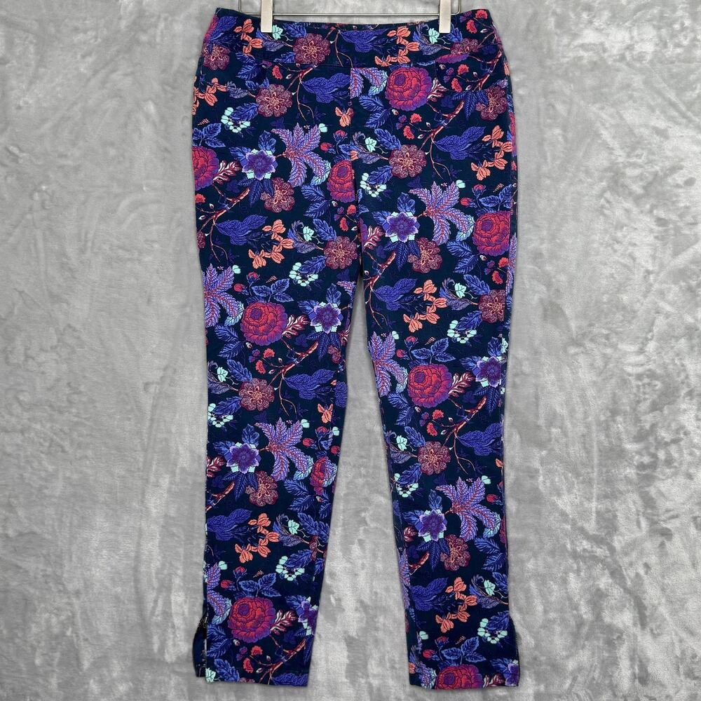 Soft Surroundings Pants Womens Medium Blue Purple Floral Stretch Pockets Zippers
